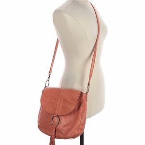 Lucky Brand Boho Rust Leather Crossbody Messenger Bag Purse with Ring Tassel EUC